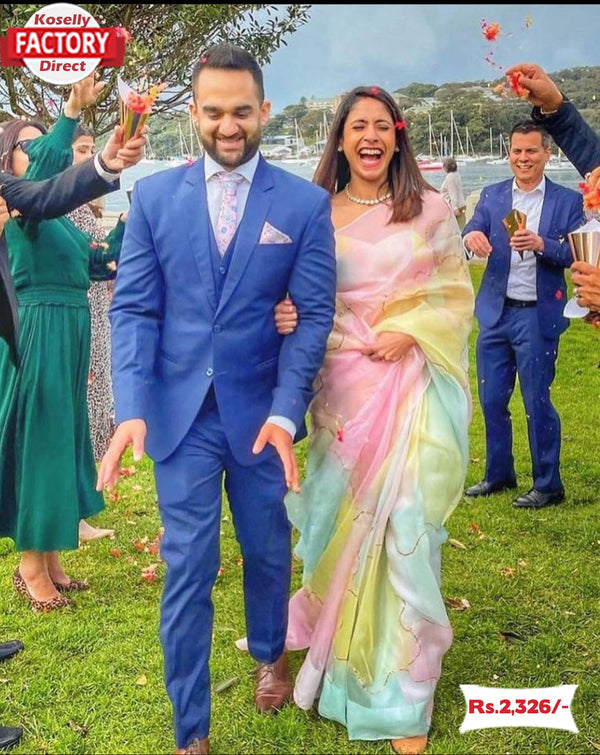 Multi-colour Pastel Organza Saree With Foil Work