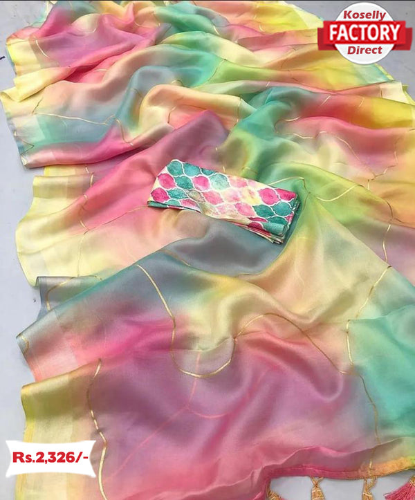 Multi-colour Pastel Organza Saree With Foil Work