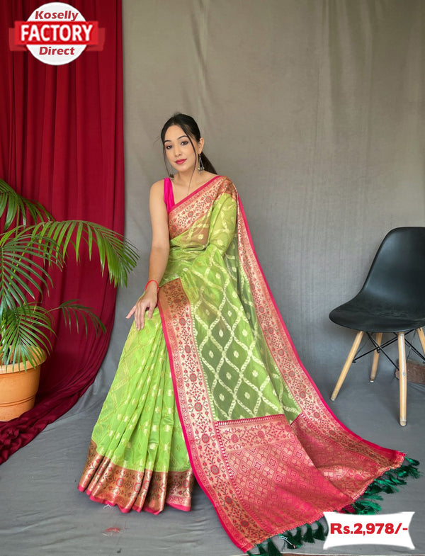 Parrot Green Pure Organza Banarasi Saree