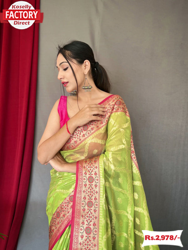 Parrot Green Pure Organza Banarasi Saree