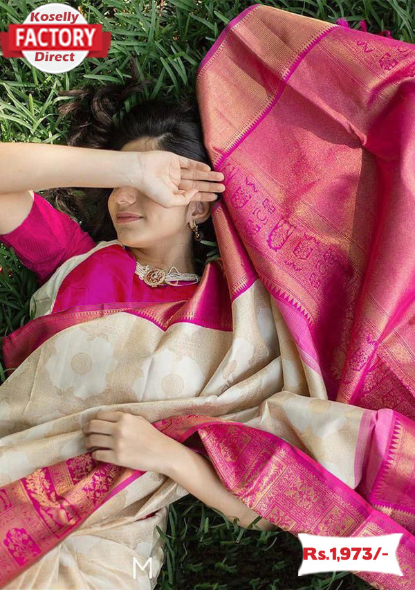 Superhit Cream and Pink Banarasi Silk Saree