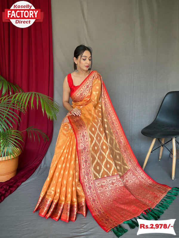 Orange Pure Organza Banarasi Saree