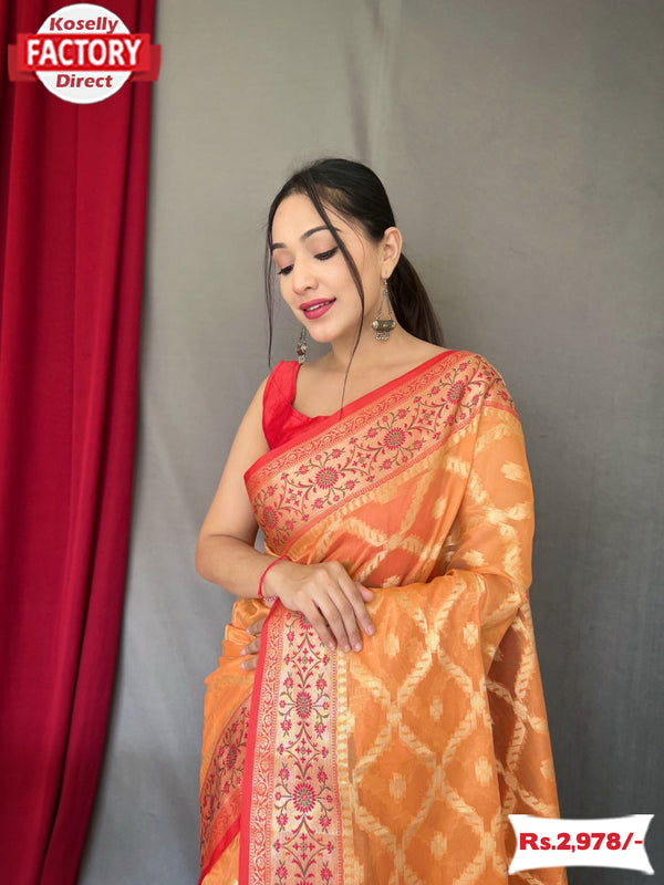 Orange Pure Organza Banarasi Saree