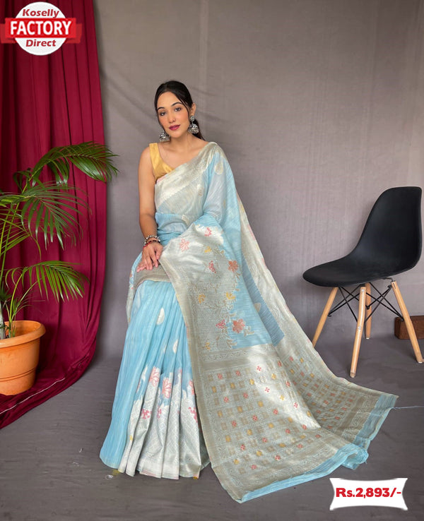 Sky Blue Pure Linen Banarasi Saree