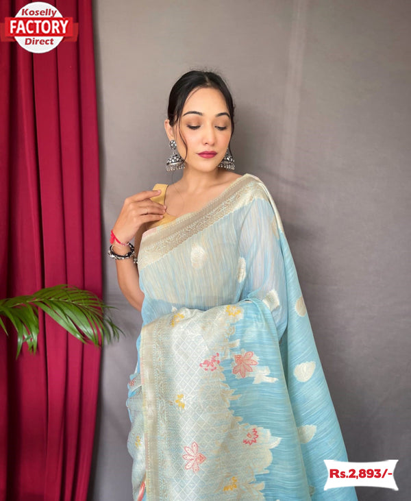 Sky Blue Pure Linen Banarasi Saree