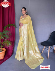 Light Yellow Pure Linen Banarasi Saree