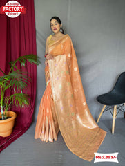 Orange Pure Linen Banarasi Saree