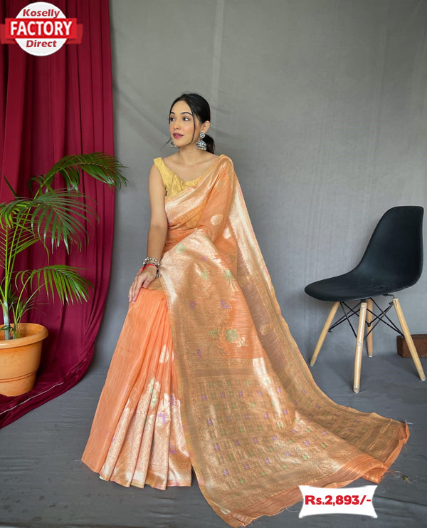 Orange Pure Linen Banarasi Saree
