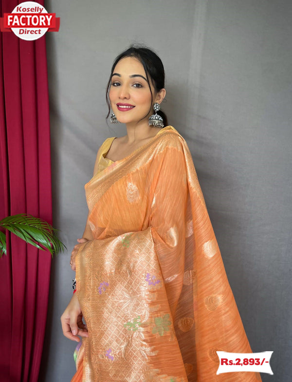 Orange Pure Linen Banarasi Saree