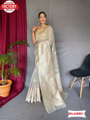 Light Grey Pure Linen Banarasi Saree