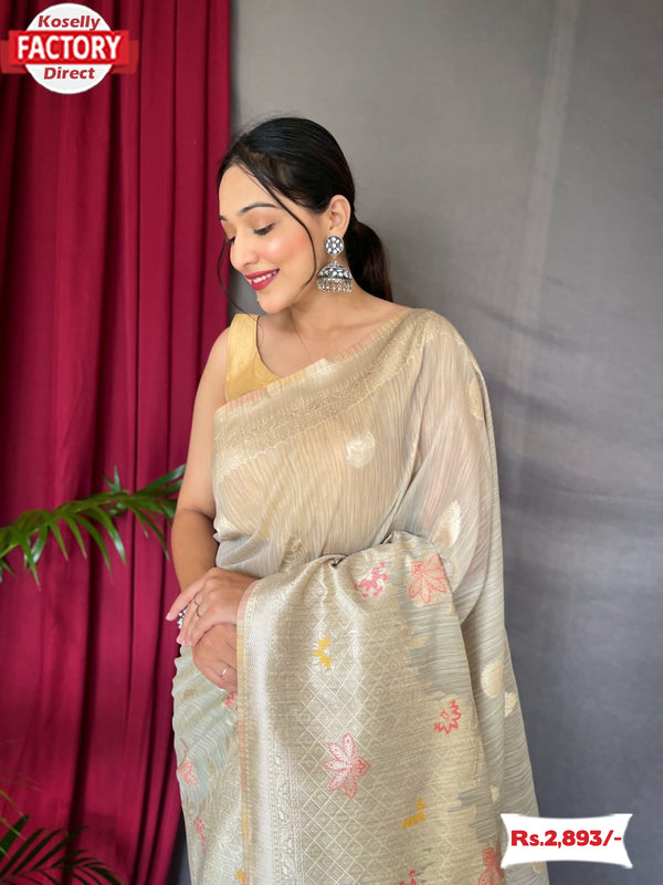 Light Grey Pure Linen Banarasi Saree