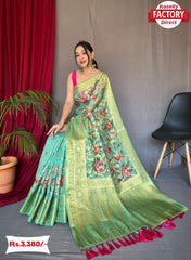 Sea Green Organza Banarasi Digital Printed Saree