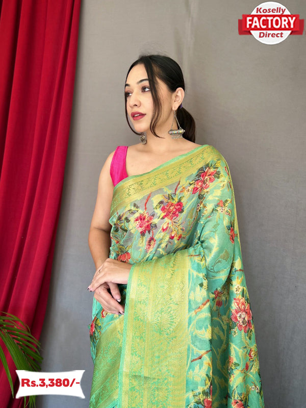 Sea Green Organza Banarasi Digital Printed Saree