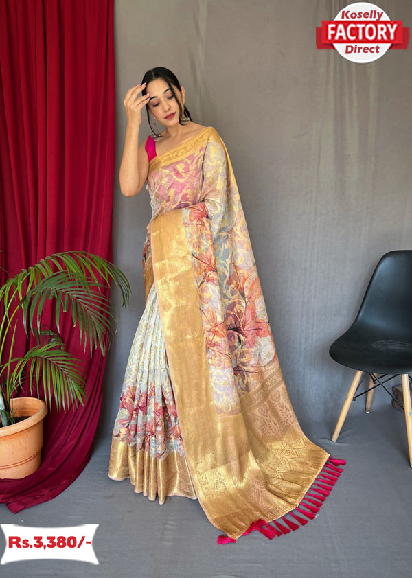 Off-white Organza Banarasi Digital Printed Saree
