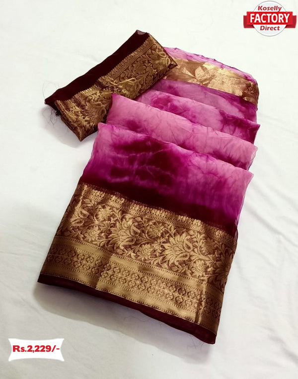 Dark Pink Shibori Dyed Pure Organza Banarasi Border Saree