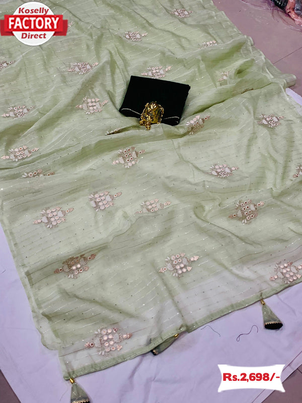 Faint Green Organza Partywear Embroidered Saree