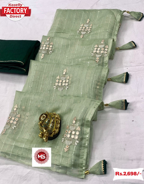 Faint Green Organza Partywear Embroidered Saree