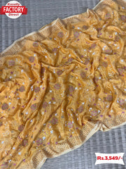 Yellow Chiffon Silk Lucknowi Embroidered Stone-work Saree