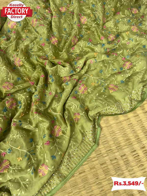 Dusty Green Chiffon Silk Lucknowi Embroidered Stone-work Saree