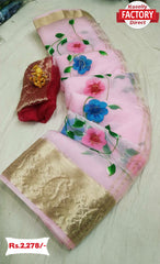 Baby Pink Organza Banarasi Saree With Hand Print