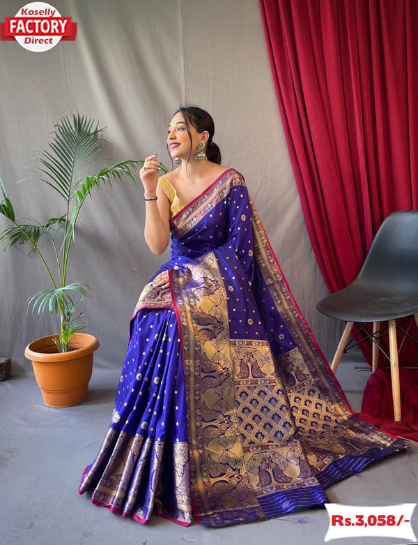 Deep Blue Pure Soft Silk Kanchipuram Saree