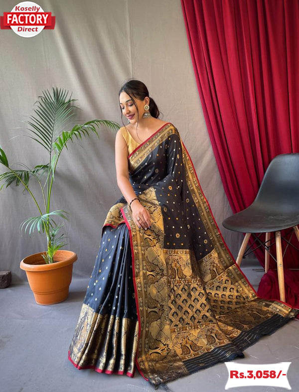 Black Pure Soft Silk Kanchipuram Saree