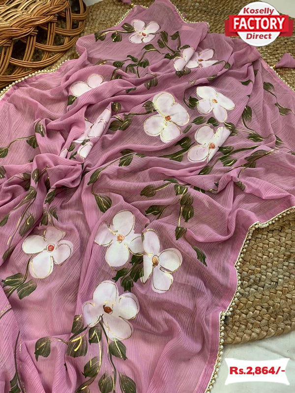 Pink Pure Zomato Silk Foil Work Saree With Readymade Blouse