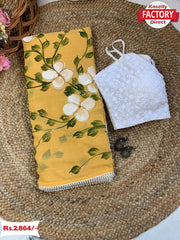 Yellow Pure Zomato Silk Foil Work Saree With Readymade Blouse