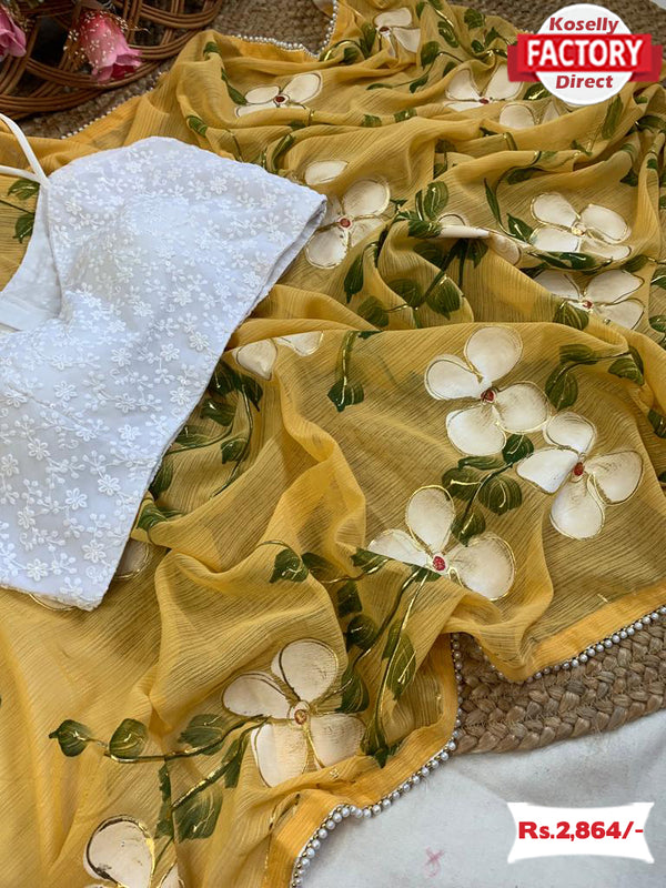 Yellow Pure Zomato Silk Foil Work Saree With Readymade Blouse
