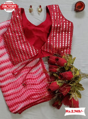Red Shibori Print Georgette Saree With Readymade Blouse