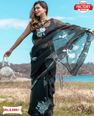 Black Pure Nylon Organza Hand Painted Saree
