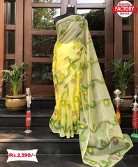 Yellow Pure Nylon Organza Hand Painted Saree