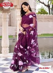 Wine Pure Nylon Organza Hand Painted Saree