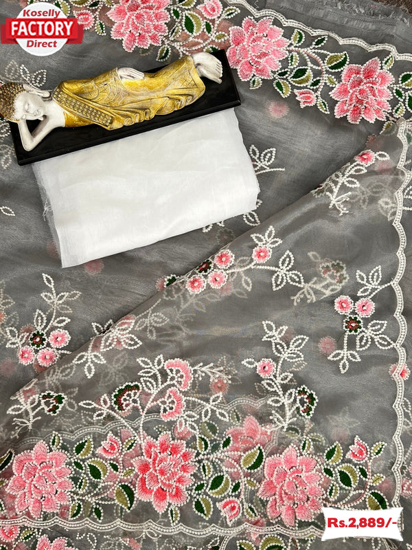 Ash Pure Organza Multi-thread Embroidery Saree