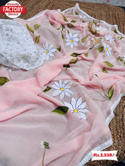 Baby Pink Chiffon Silk Handprinted Saree
