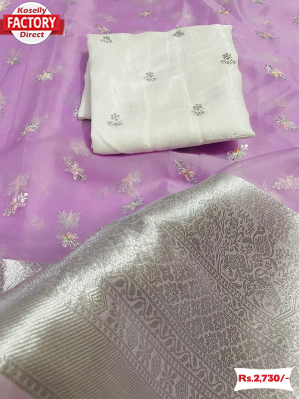 Lavender Kanchipuram Organza Embroidered Saree