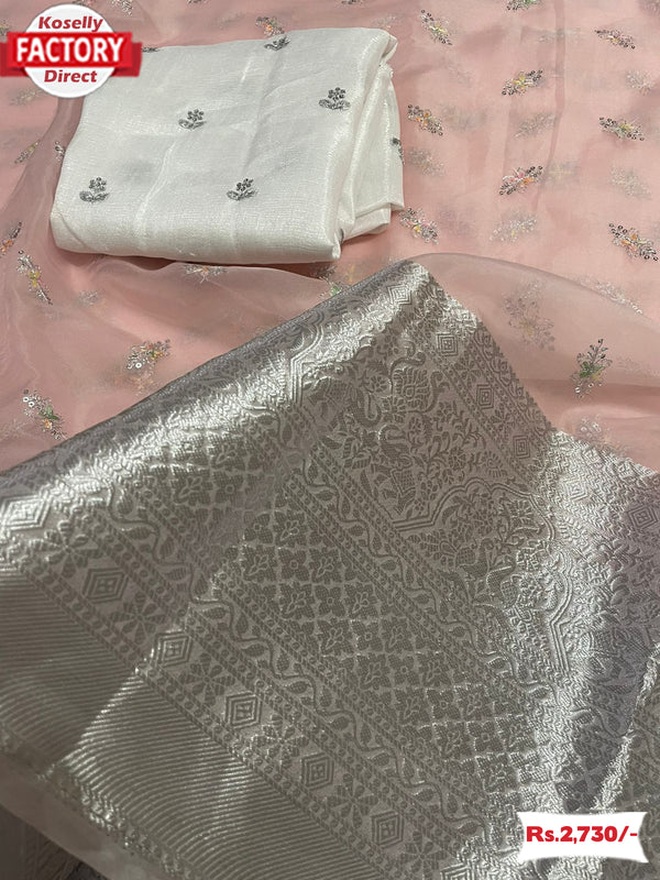 Peach Kanchipuram Organza Embroidered Saree