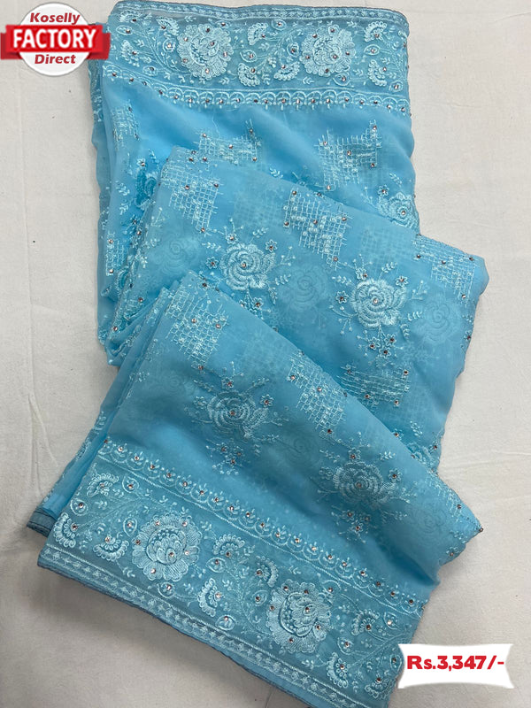 Sky Blue Pure Georgette Embroidered Partywear Saree