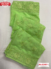 Lime Green Pure Georgette Embroidered Partywear Saree