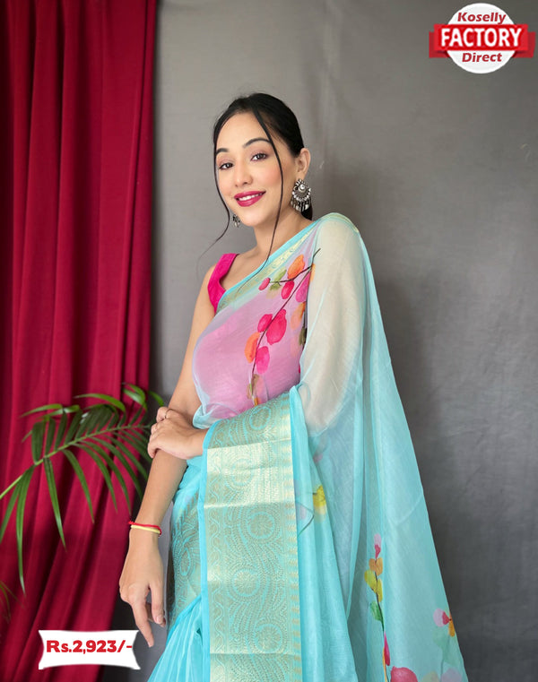 Pure Organza Digital Printed Saree With Zari Border