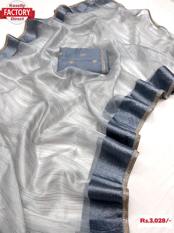 Ash Organza Weaving And Stone Work Saree