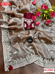 Brown Jimmy Chiffon Embroidered Partywear Saree