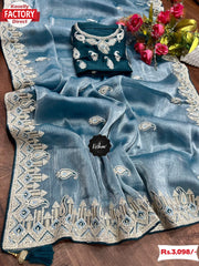 Blue Jimmy Chiffon Embroidered Partywear Saree