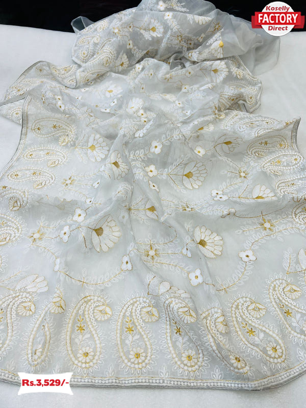 White Organza Chikankari Embroidered Saree