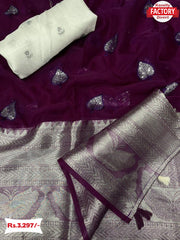 Wine Pure Nylon Organza Silver Sequins Saree