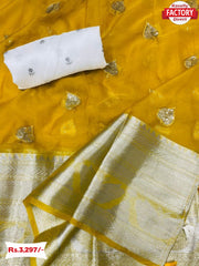 Yellow Pure Nylon Organza Silver Sequins Saree