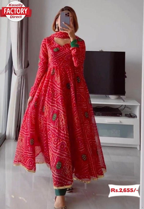 Red Bandhani Print Kurtha Palazzo Dupatta Set