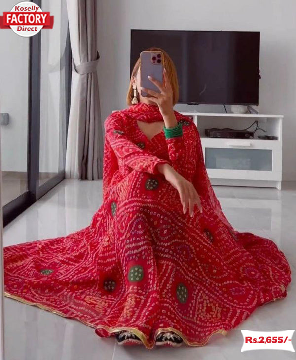 Red Bandhani Print Kurtha Palazzo Dupatta Set