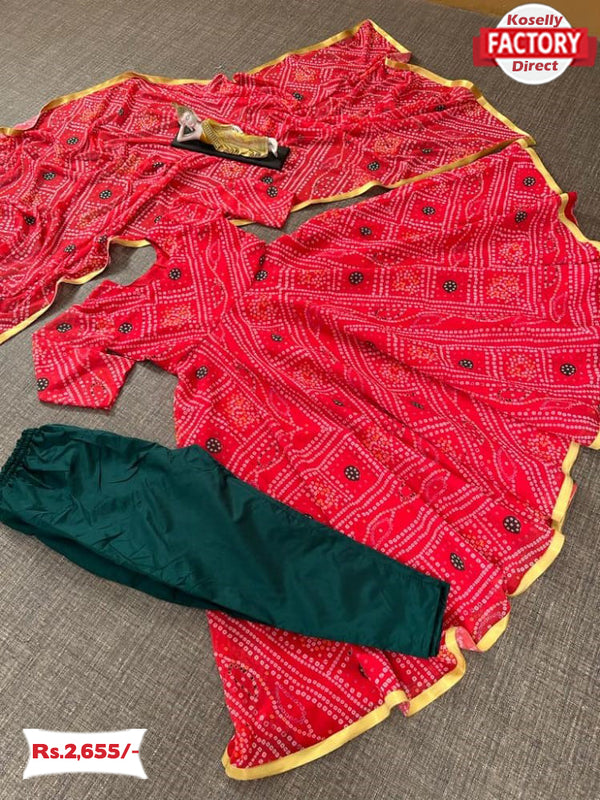 Red Bandhani Print Kurtha Palazzo Dupatta Set