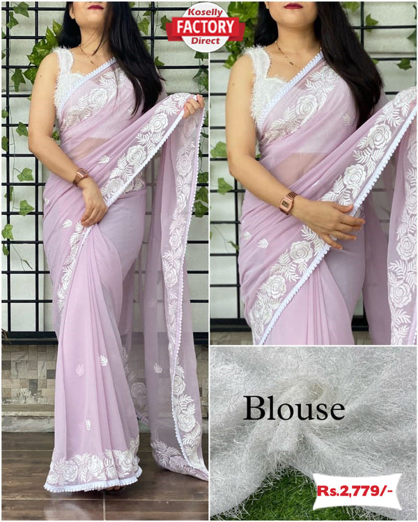 Faint Lavender Soft Georgette Saree With Embroidery